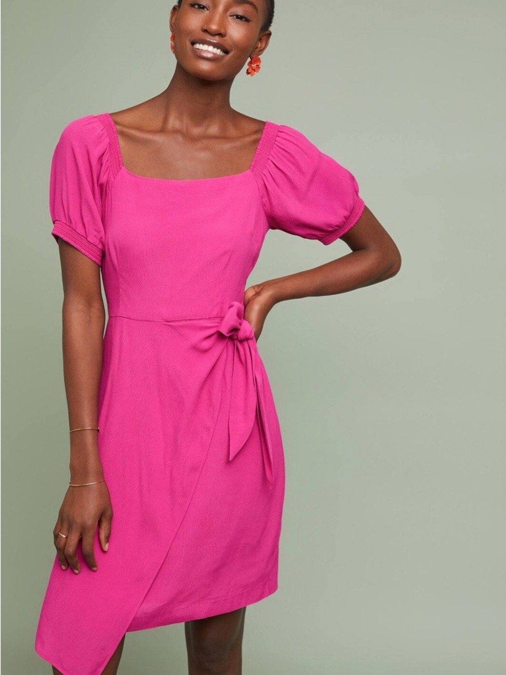 Maeve Fuchsia Square-Neck Midi Dress with Side Tie